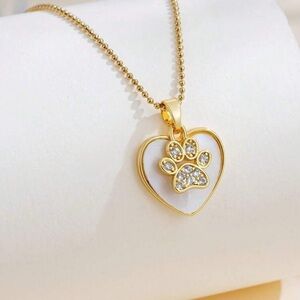 Gold and White Heart Pendant Necklace with paw Design